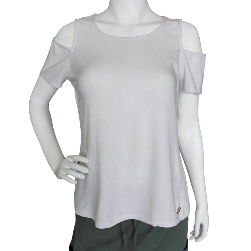 Michael Kors Cold Shoulder Short Sleeve Top White Gold Logo Charm
